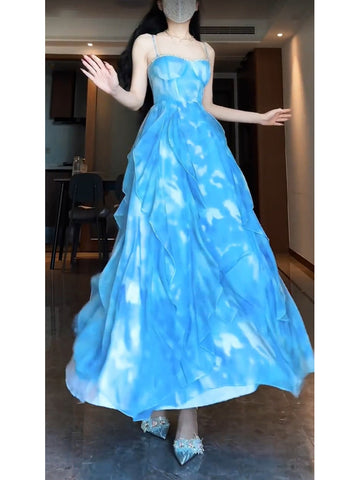 A line Spaghetti Straps Blue Holiday Dress Chiffon Birthday Dresses Birthday Outfits SD1292